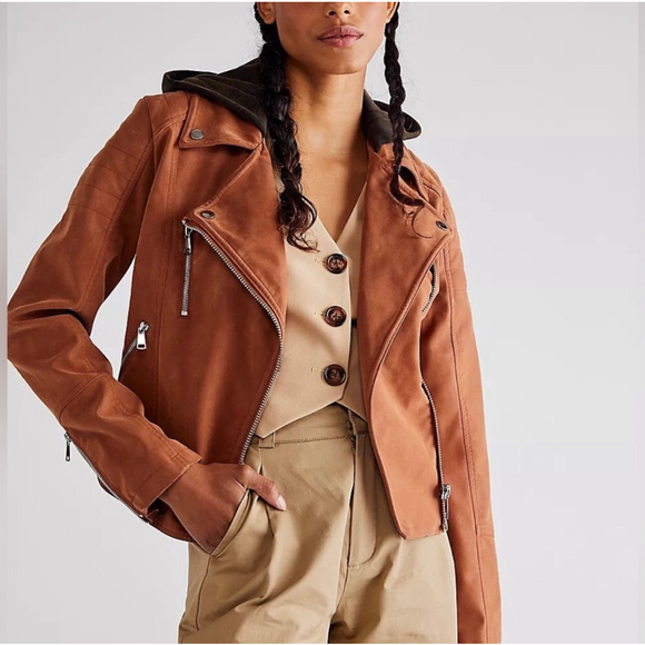 Free People Lg Harriet Hooded Vegan Leather Moto Jacket Chocolat - Picture 1 of 4